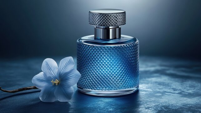 Elegant blue men's perfume bottle with flower.