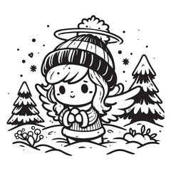 little snow angel in a snowy field vector black color white color background 