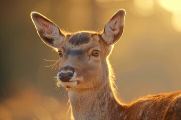 Fototapeta premium close up of a female deer in the golden hour sunlight