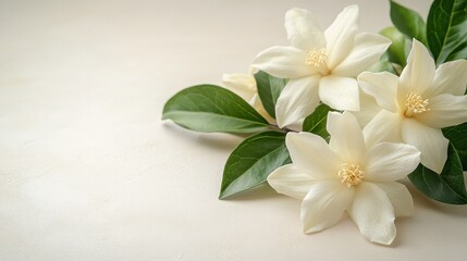 Obraz premium Elegant white flowers with green leaves on a light background.