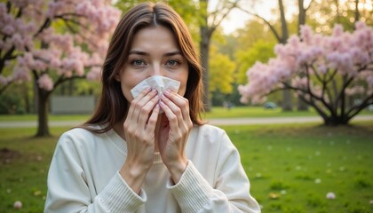 Young woman blowing her nose in park with blooming trees, representing seasonal allergies and outdoor health