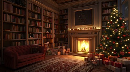 living room decorated with new year tree and bookshelf