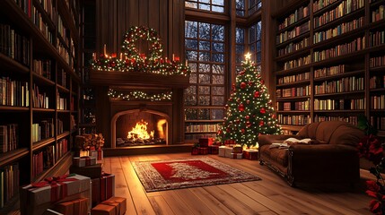 living room decorated with new year tree and bookshelf