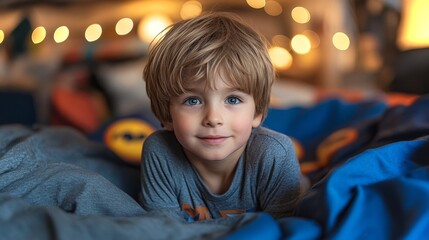 A young boy with bright blue eyes and tousled blond hair lies on a bed, surrounded by colorful blankets and soft lighting, exuding a joyful and playful spirit in his cozy room.
