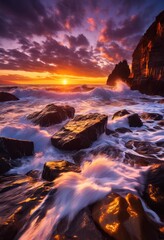 Fototapeta premium breathtaking view inviting waves crashing rocky shores stunning sunset backdrop, ocean, beach, water, horizon, sky, light, reflection, nature, cliff