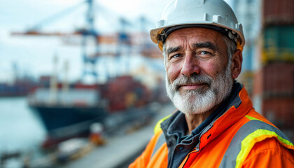 Fototapeta premium A confident seaport worker in a high-visibility vest and hard hat, with a bustling harbor backdrop.