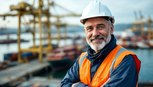 A confident seaport worker in a high-visibility vest and hard hat, with a bustling harbor backdrop.
- Powered by Adobe