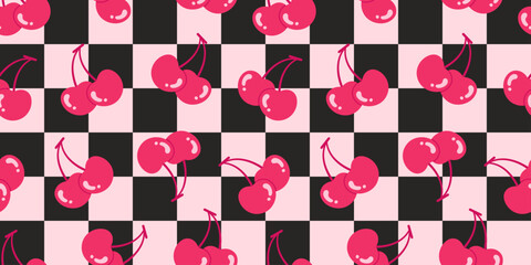 Seamless pattern with vibrant cherries on a pink and black checkered background. Perfect for romantic y2k 2000s modern designs. Valentine's day. 14 february. geometric background. Gift wallpaper