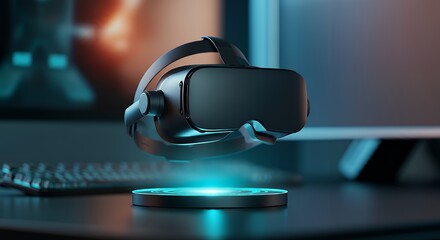 A plain VR headset packaging mock-up, displayed in a futuristic gaming setup 3d illustration brand mock-up template.
