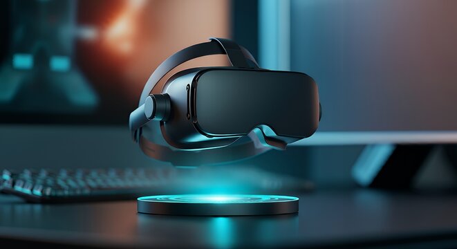 A plain VR headset packaging mock-up, displayed in a futuristic gaming setup 3d illustration brand mock-up template.