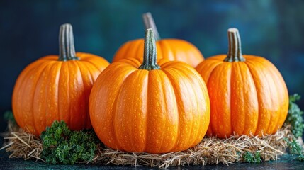 Four vibrant orange pumpkins on hay.