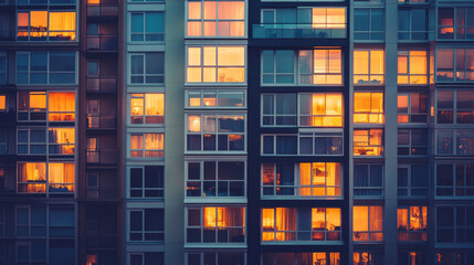 An enchanting scene featuring modern family homes in an urban setting under the soft glow of twilight.


