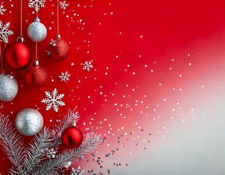 red to white ombre holiday background with red and silver Christmas ornaments and silver stars