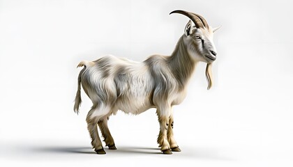 Goat with Curved Horns and Detailed Fur on White Background