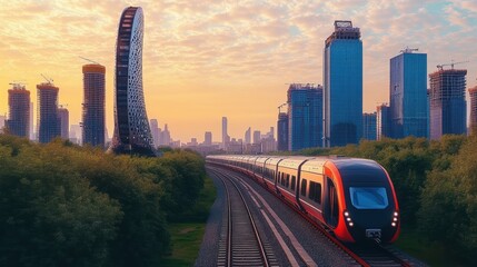 Futuristic high-speed train approaching modern city at sunset