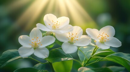 Obraz premium Four white blossoms backlit by sunlight.