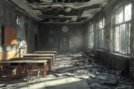 Desks sit in decaying classroom with broken windows and peeling paint in abandoned school