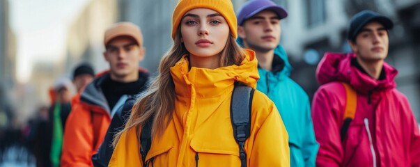 Fototapeta premium Group of stylish young people wearing colorful outdoor jackets and hats standing together in a city street