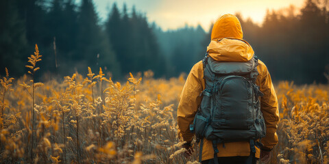Adventurer with Backpack in Autumn Field at Sunrise Experiencing Nature's Serenity