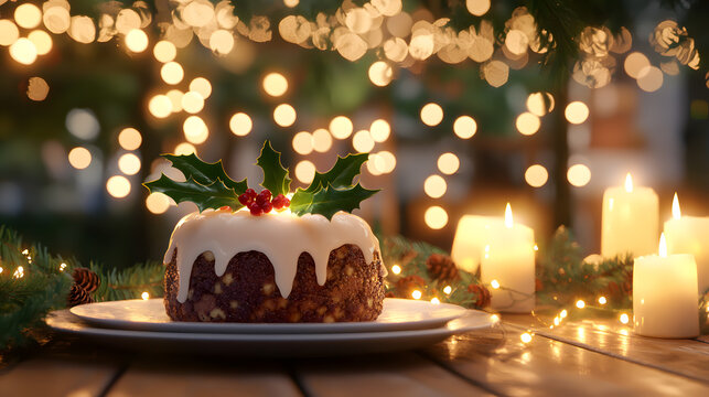 Christmas pudding cake around lightning candles 