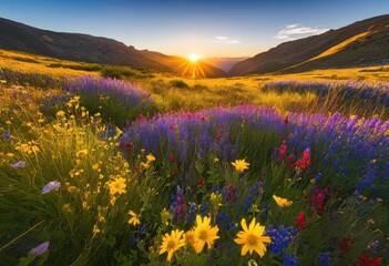 Obraz premium breathtaking expansive valley views adorned vibrant wildflowers full bloom under clear sky, afternoon, azure, backdrop, botanical, color, colorful