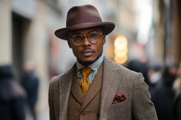 Portrait of a fashionable man wearing a brown hat, round eyeglasses, and a stylish suit in a city environment