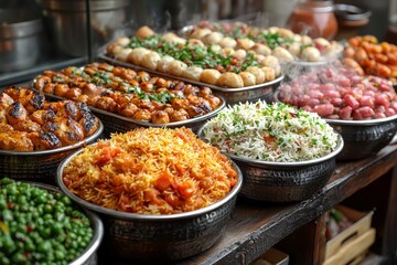 Obraz premium Global Street Food: A variety of international cuisines. Spiced meat dish presented on a metal tray.