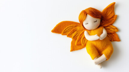 An orange, brown, and yellow felt angel craft lying flat on a white background, showcasing its delicate details and handmade charm, with ample copy space.