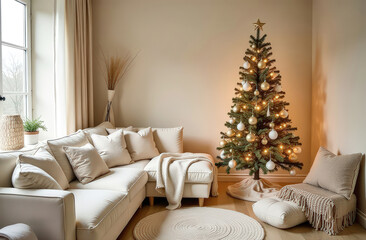 Cozy christmas living room with decorated tree and warm ambiance for holiday inspiration