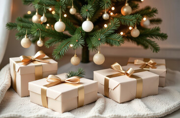 Elegant christmas gift boxes beneath decorated tree for festive holiday celebration