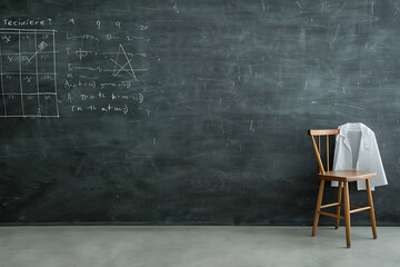 celebrating women in science, inspiring ambiance of equations on a chalkboard, lab coat draped on a chair, and women girls in science day celebration