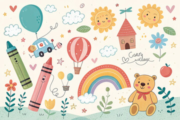Cheerful illustration of cute cartoon elements crayons, teddy bear, hot air balloon, rainbow, sun, house, flowers, stars, and clouds.