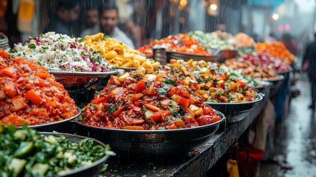 A street food market offering a variety of tasty dishes from across the globe.