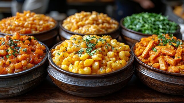 A marketplace with street food featuring diverse and delectable dishes from all over the world.