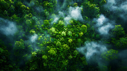 Lush rainforest ecosystem with dense greenery and misty atmosphere, showcasing diverse plant life and vibrant foliage. serene and tranquil natural environment