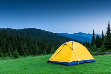 A tent radiating light in the mountain forest at night, set against a backdrop of a starry sky.