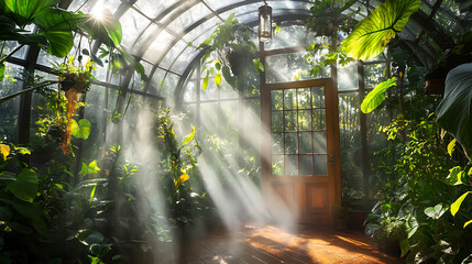 Obraz premium serene greenhouse filled with lush plants and sunlight streaming through glass, creating tranquil atmosphere. wooden door adds rustic charm to botanical haven