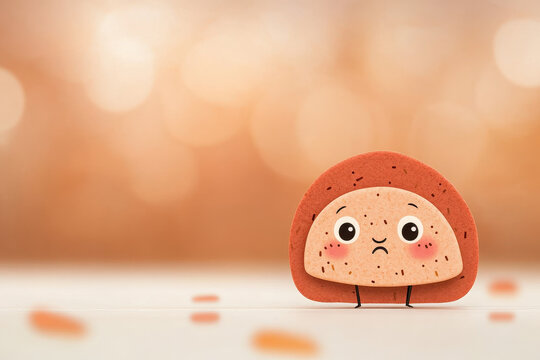 Sad cartoon-style toy with a speckled design on a table and warm blurred background