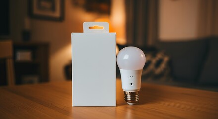 A plain smart light bulb packaging box, displayed in a cozy home setup with dim lighting 3d illustration brand mock-up template.