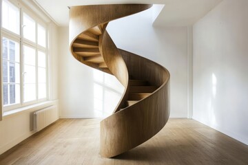 Modern spiral staircase made of wood, bathed in sunlight, creating a clean and minimal aesthetic
