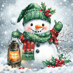 A cute snowman with a green hat and scarf, holding a lantern in the snow, watercolour illustration
