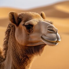 A close-up of a camel in a desert landscape, showcasing its distinctive features against golden sand dunes, This image is ideal for travel articles, wildlife presentations, and cultural content,
