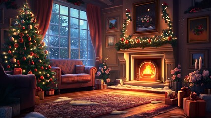 living room decorated with a New Year tree