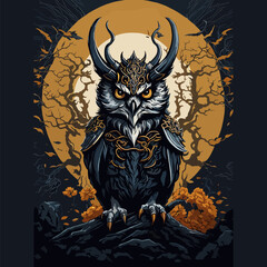 Mystical Owl with Ornate Armor Under Moonlight Vector
