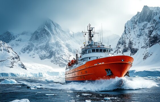 In Neco Bay, Antarctica, a touristic Antarctic cruise liner floats in the lagoon amidst icebergs, with a glacier visible in the distance.