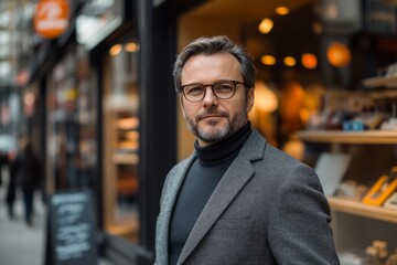 Obraz premium Portrait of a confident businessman standing outside his store in city center
