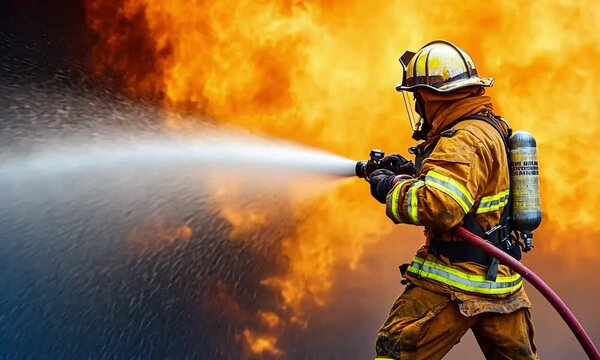 A firefighter with a hose, putting out a fire in a building	video
