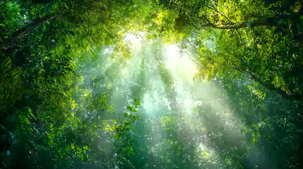 Lush rainforest canopy with sunlight filtering through vibrant green leaves, creating serene and tranquil atmosphere. Nature beauty shines in this peaceful setting
