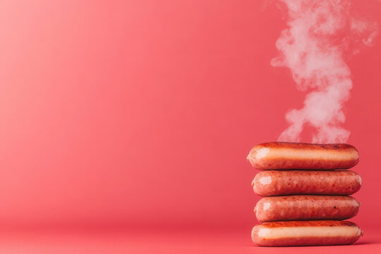 Stacked steaming sausages against vibrant red background in barbecue food presentation