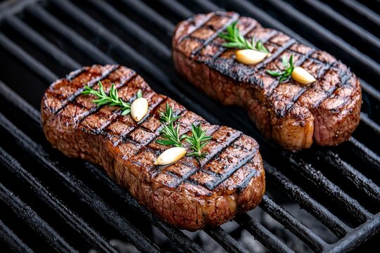 A top-down view of grilled pork neck seasoned with fragrant thyme and garlic on a cast iron grill.